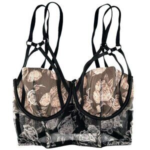 Victoria's Secret Strappy Longline Bustier Bra in Black Peaceful Rose Size 32DD